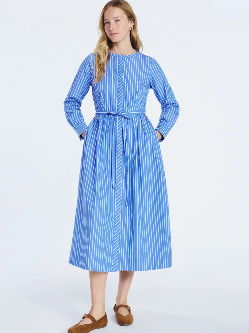 Free Assembly Blue White Vertical Striped Dress Long Sleeve Chic Office Large